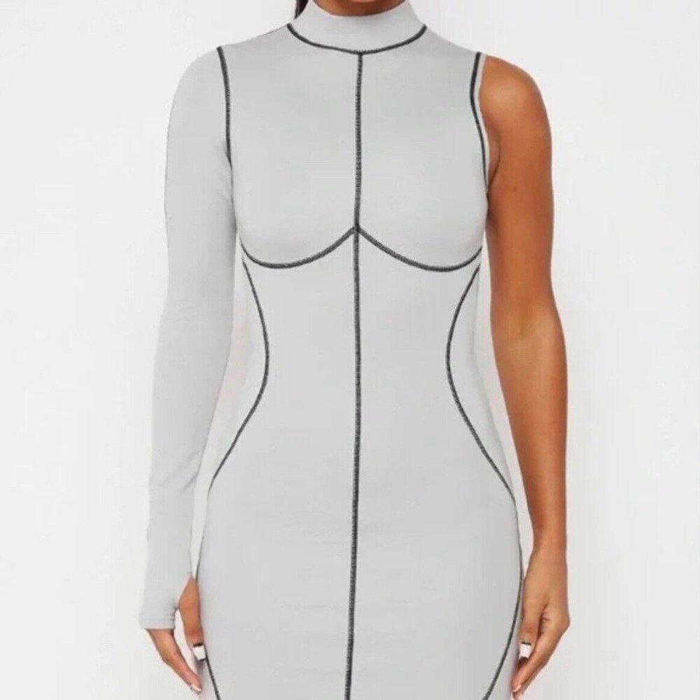 Sexy black Maniere De Voir stretch dress one sleeve overlock stitch dress 14
